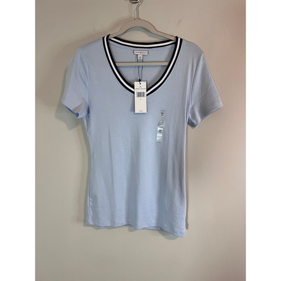 Tommy Hilfiger Tops - Tommy Hilfiger Womens V-Neck T-Shirt Light Blue Striped Trim XW06716 Size M